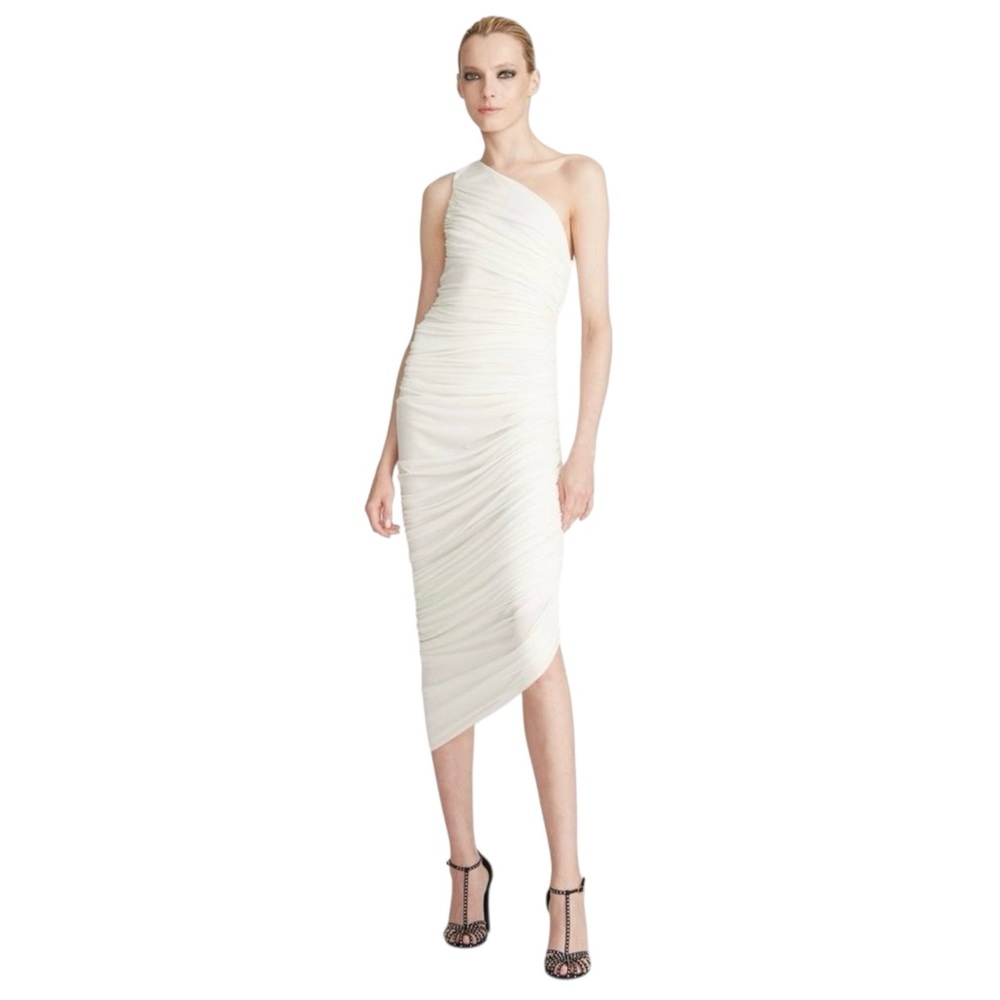 NWT Halston Reia White Chalk One Shoulder Bodycon Rusched Cocktail Dress